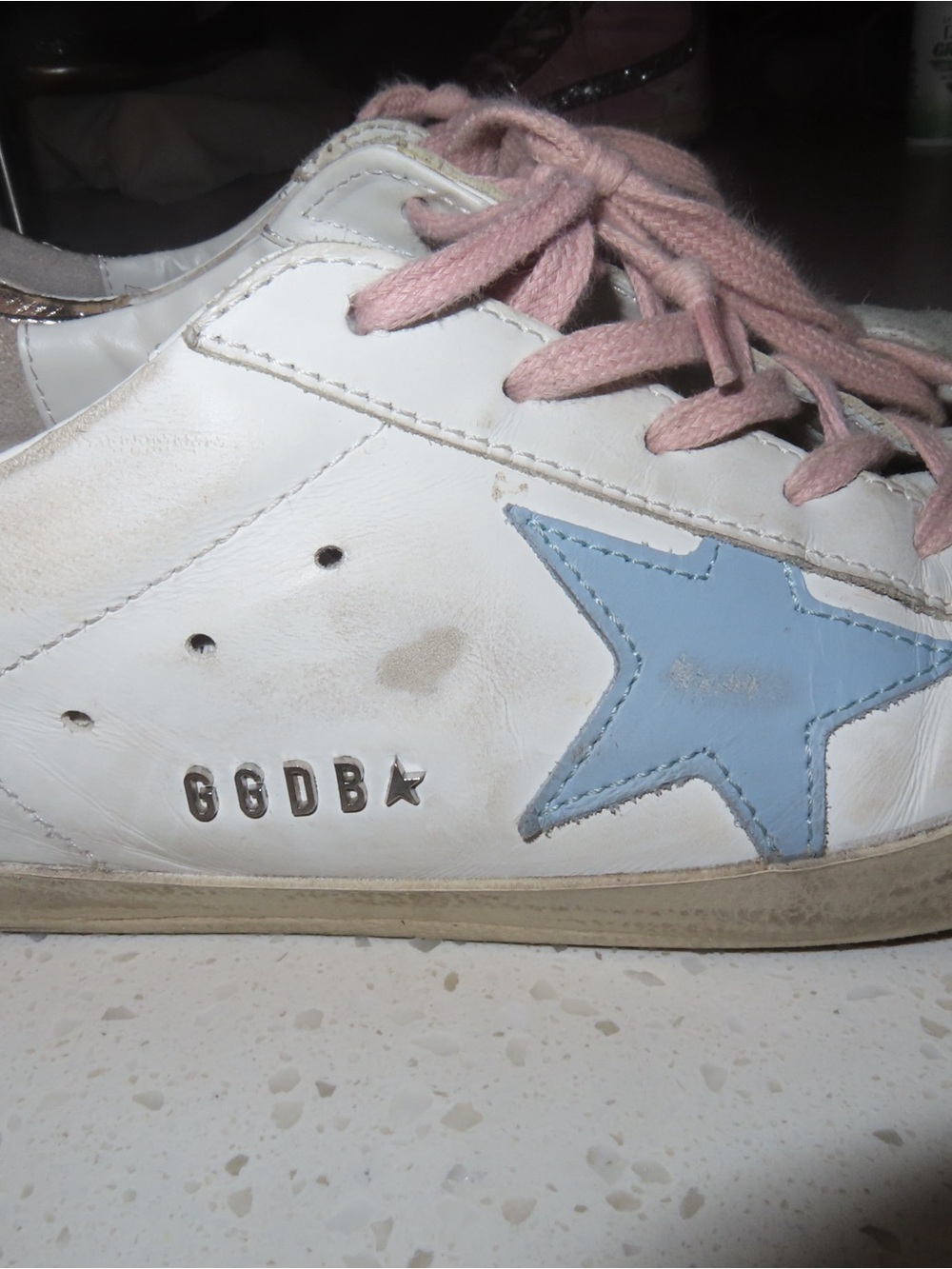Golden Goose White Sneakers with Blue Star and Pink Laces - Picture 9 of 12